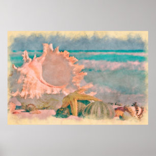 Watercolor Seashells on Beach Large Poster