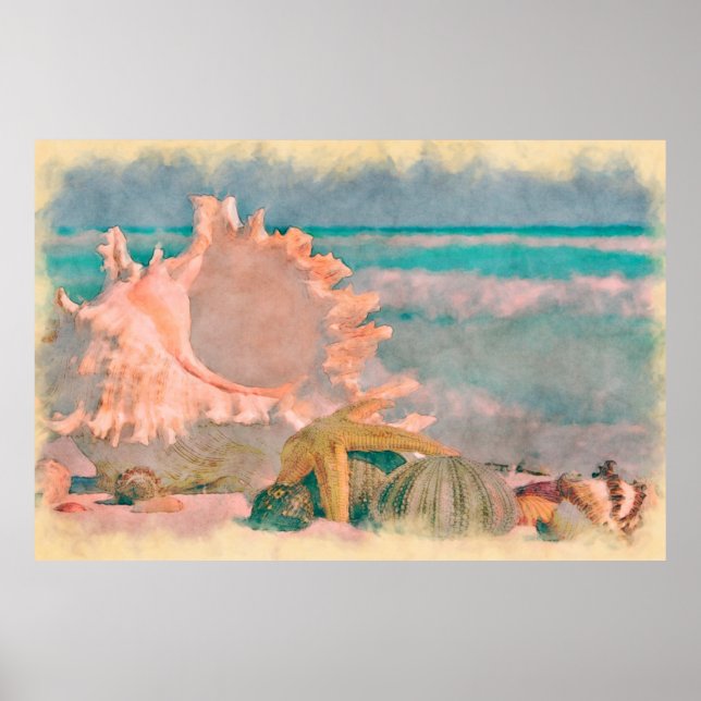 Watercolor Seashells on Beach Large Poster (Front)