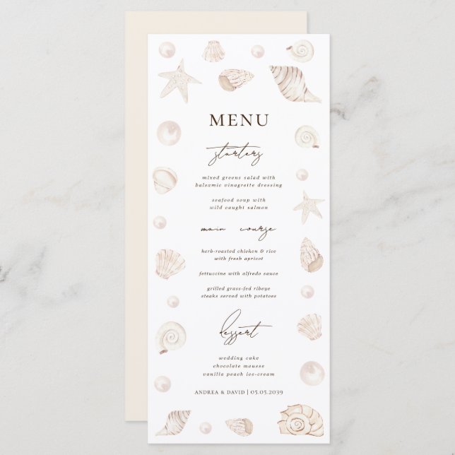 Watercolor Seashells Pearls Beach Nautical Wedding Menu (Front/Back)