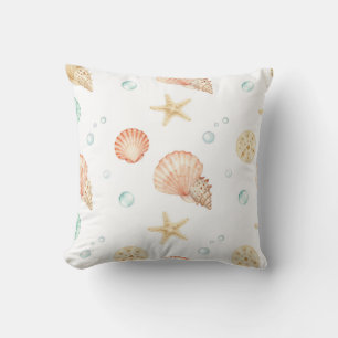 Watercolor Seashells Pearls Coastal Pattern Cushion