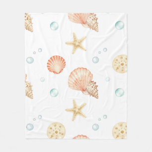 Watercolor Seashells Pearls Coastal Pattern Fleece Blanket