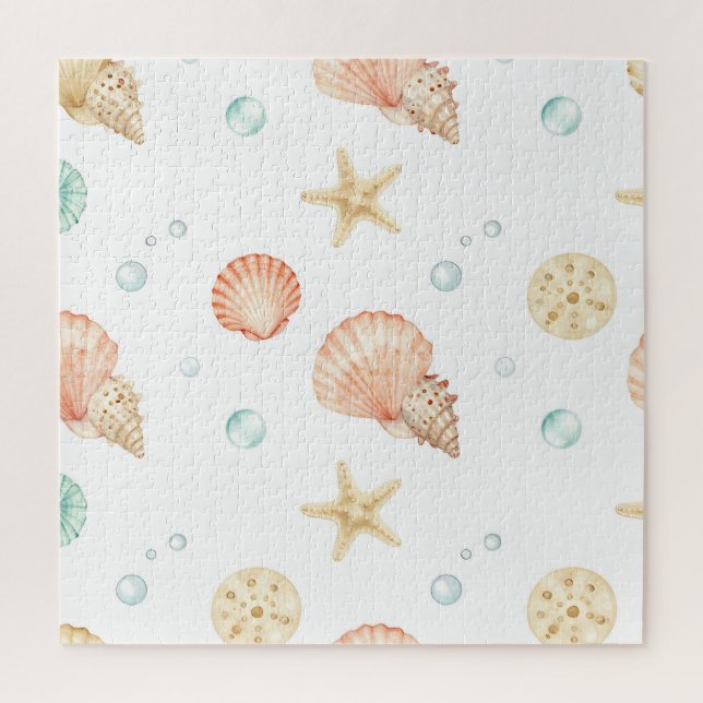 Watercolor Seashells Pearls Coastal Pattern Jigsaw Puzzle (Vertical)