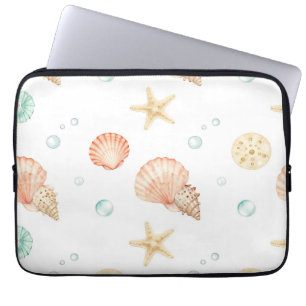 Watercolor Seashells Pearls Coastal Pattern Laptop Sleeve