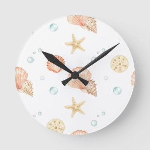 Watercolor Seashells Pearls Coastal Pattern Round Clock