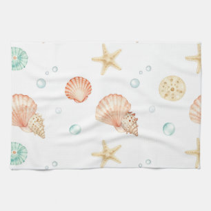 Watercolor Seashells Pearls Coastal Pattern Tea Towel