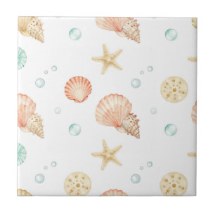 Watercolor Seashells Pearls Coastal Pattern Tile