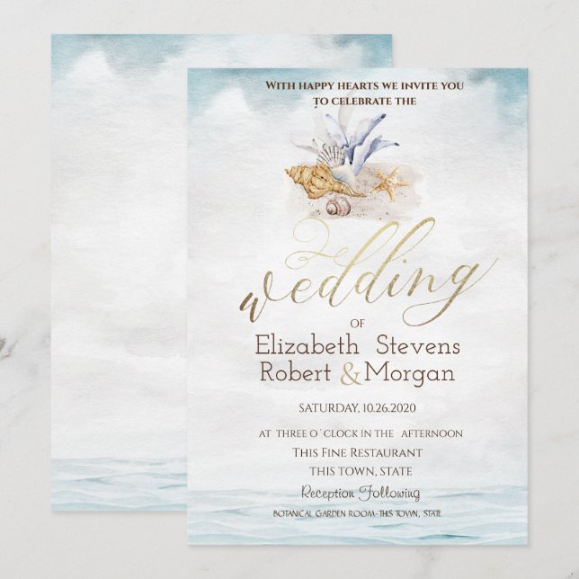 Watercolor Seashells,Sea Wedding Invitation (Front/Back)