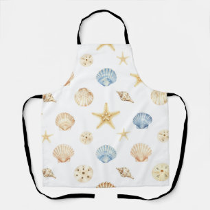 Watercolor Seashells Starfish Coastal Pattern Apron