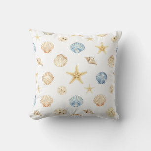 Watercolor Seashells Starfish Coastal Pattern Cushion