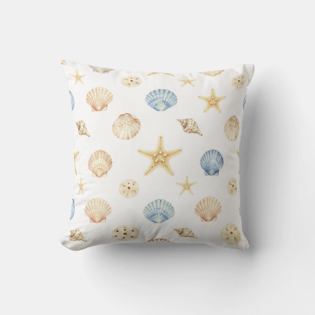 Watercolor Seashells Starfish Coastal Pattern Cushion (Front)
