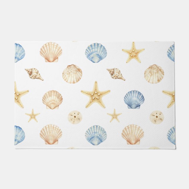 Watercolor Seashells Starfish Coastal Pattern Doormat (Front)
