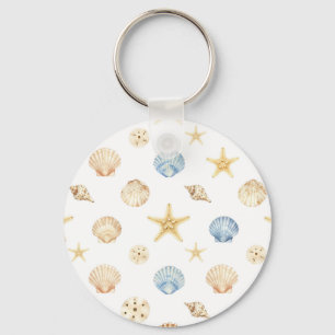 Watercolor Seashells Starfish Coastal Pattern Key Ring