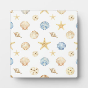 Watercolor Seashells Starfish Coastal Pattern Plaque