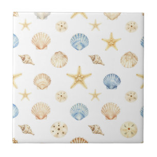 Watercolor Seashells Starfish Coastal Pattern Tile