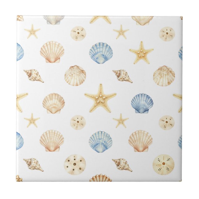 Watercolor Seashells Starfish Coastal Pattern Tile (Front)