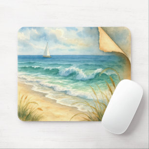 Watercolor Seashore and Sailboat Mouse Mat