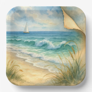 Watercolor Seashore and Sailboat Paper Plate