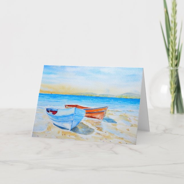 Watercolor Seaside Boat Landscape Greeting Card (Front)
