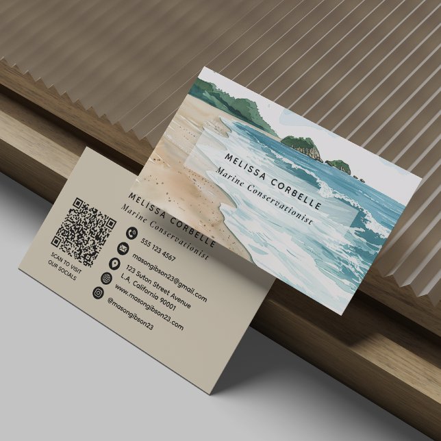 Watercolor Seaside Marine Conservationist QR Code Business Card (Creator Uploaded)