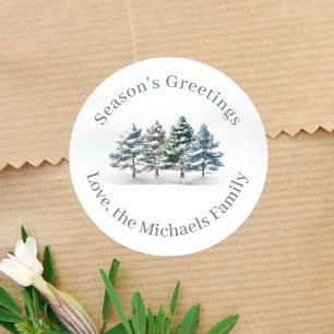 Watercolor Season's Greetings Custom Pine Trees Classic Round Sticker