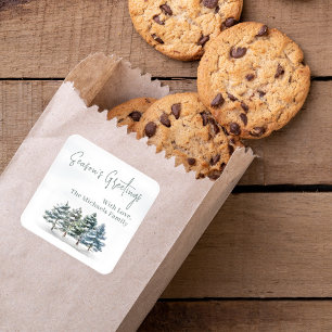 Watercolor Season's Greetings Pine Trees Custom Square Sticker