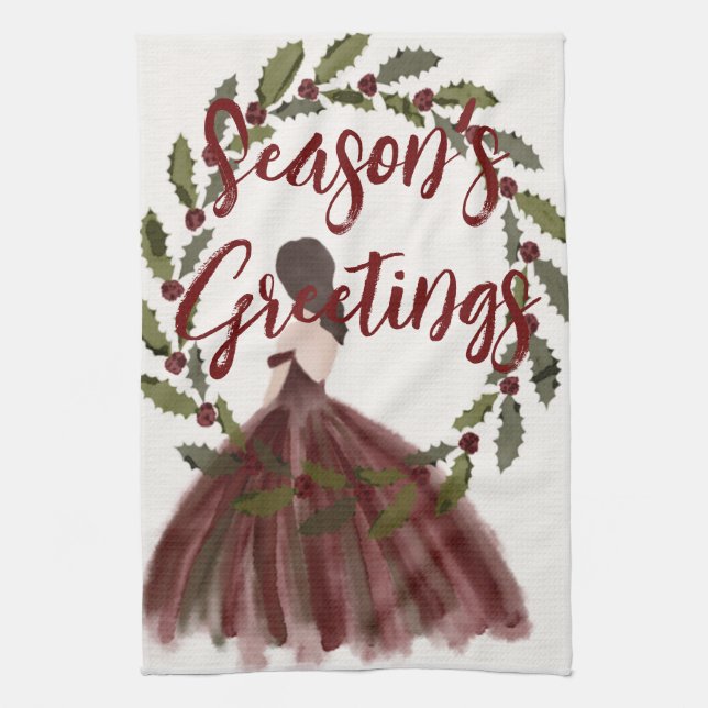 Watercolor Season's Greetings  Tea Towel (Vertical)