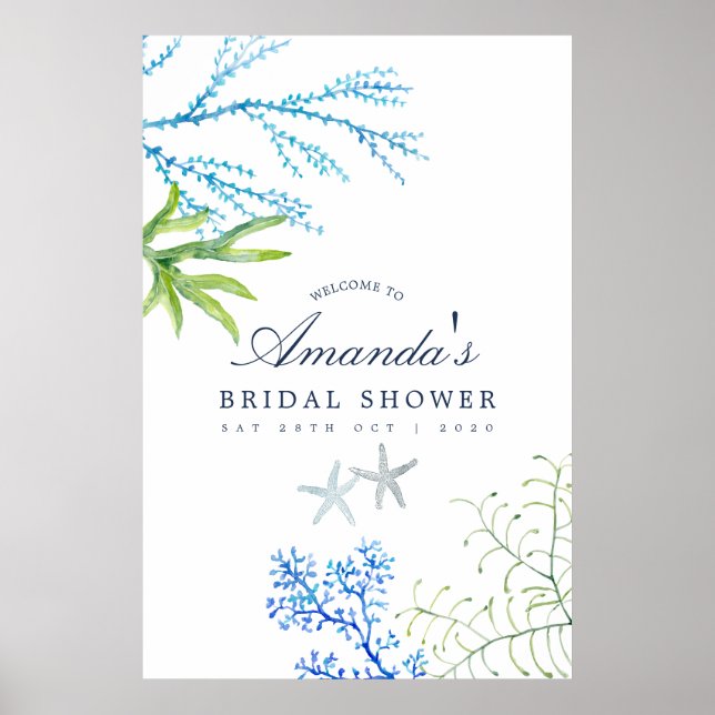 Watercolor Seaweed Beach Bridal Shower Welcome Poster (Front)