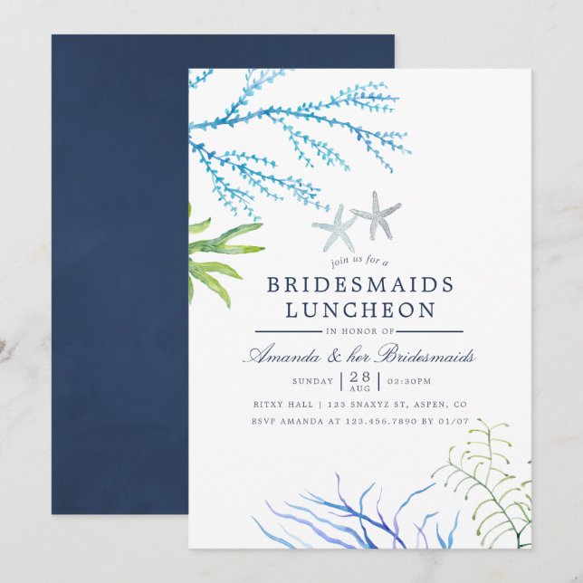 Watercolor Seaweed Beach Bridesmaids Luncheon Invitation (Front/Back)