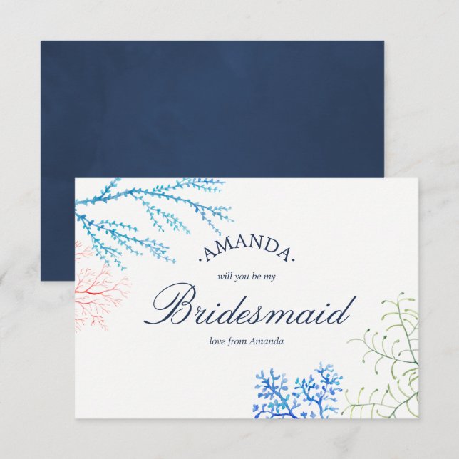Watercolor Seaweed Beach Theme Be My Bridesmaid Invitation (Front/Back)