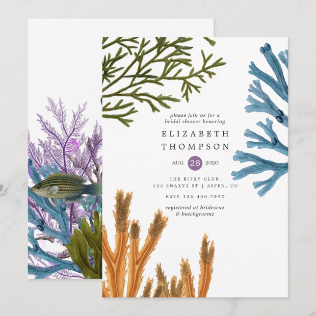 Watercolor Seaweed Beach Themed Bridal Shower Invitation (Front/Back)