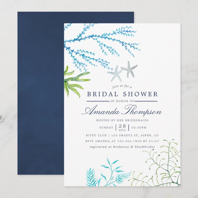 Watercolor Seaweed Beach Themed Bridal Shower Invitation (Front/Back)