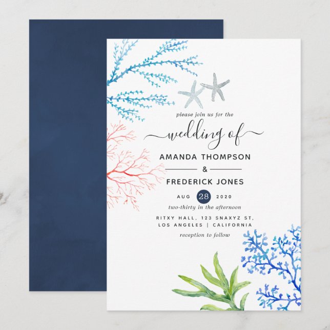 Watercolor Seaweed Beach Themed Wedding Invitation (Front/Back)