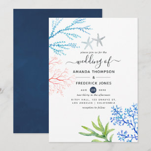 Watercolor Seaweed Beach Themed Wedding Invitation