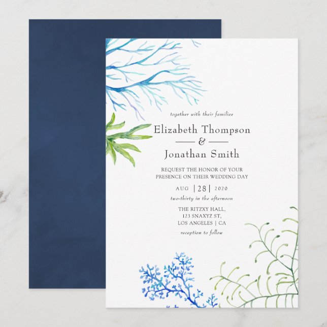 Watercolor Seaweed Beach Themed Wedding Invitation (Front/Back)