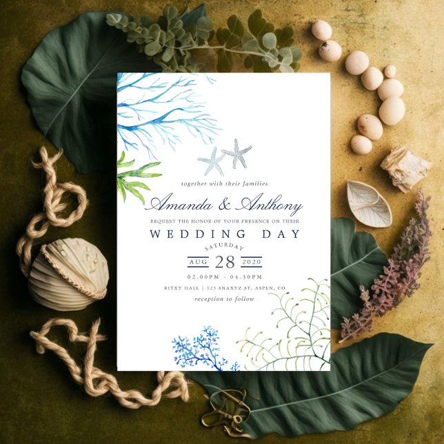 Watercolor Seaweed Beach Themed Wedding Invitation (Creator Uploaded)