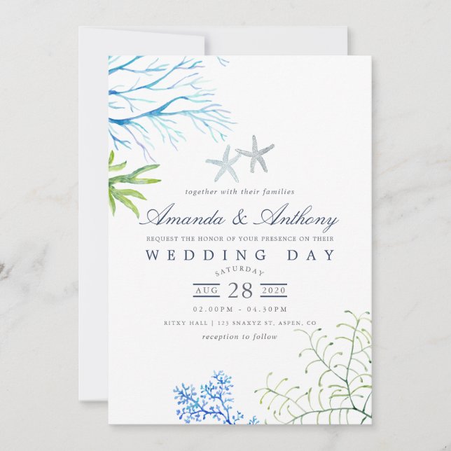 Watercolor Seaweed Beach Themed Wedding Invitation (Front)