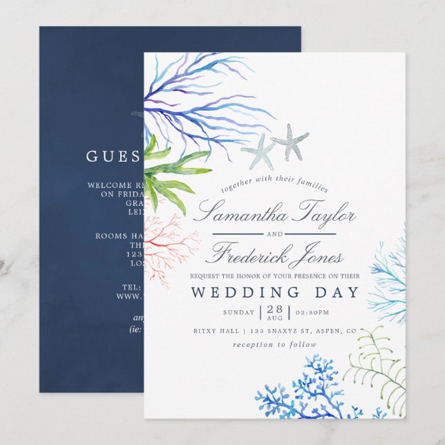 Watercolor Seaweed Beach Themed Wedding Invitation (Front/Back)