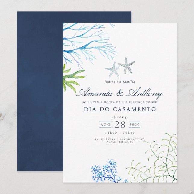 Watercolor Seaweed Beach Themed Wedding Invitation (Front/Back)