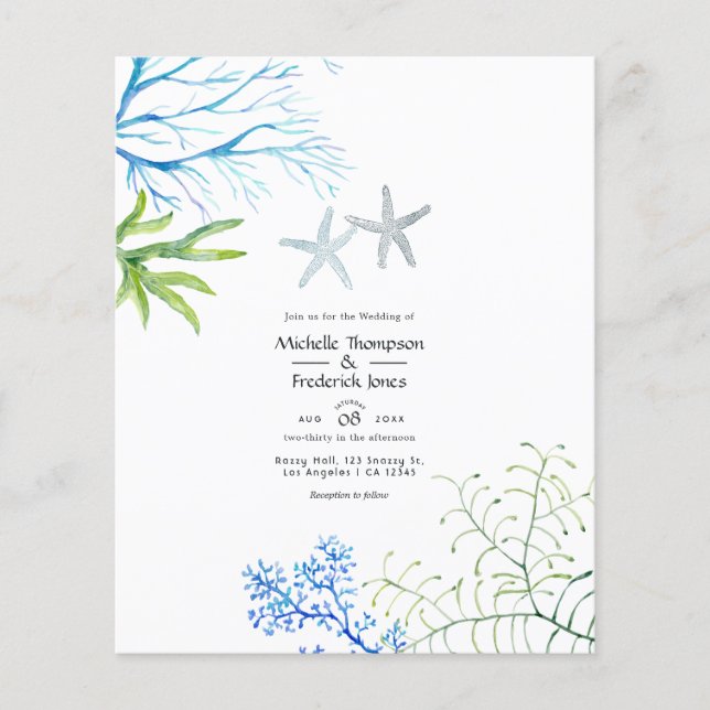 Watercolor Seaweed Beach Themed Wedding Invitation Flyer (Front)