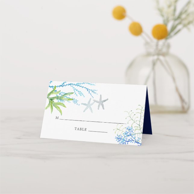 Watercolor Seaweed Beach Themed Wedding Place Card (Front)