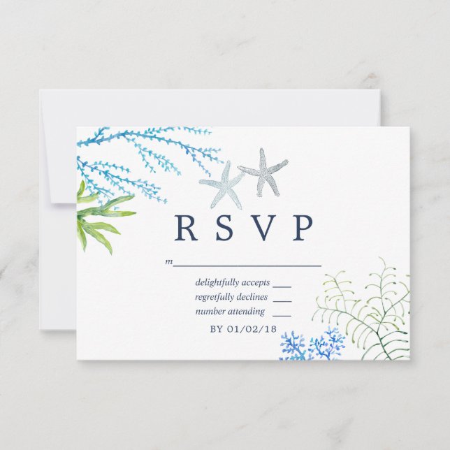 Watercolor Seaweed Beach Themed Wedding RSVP (Front)