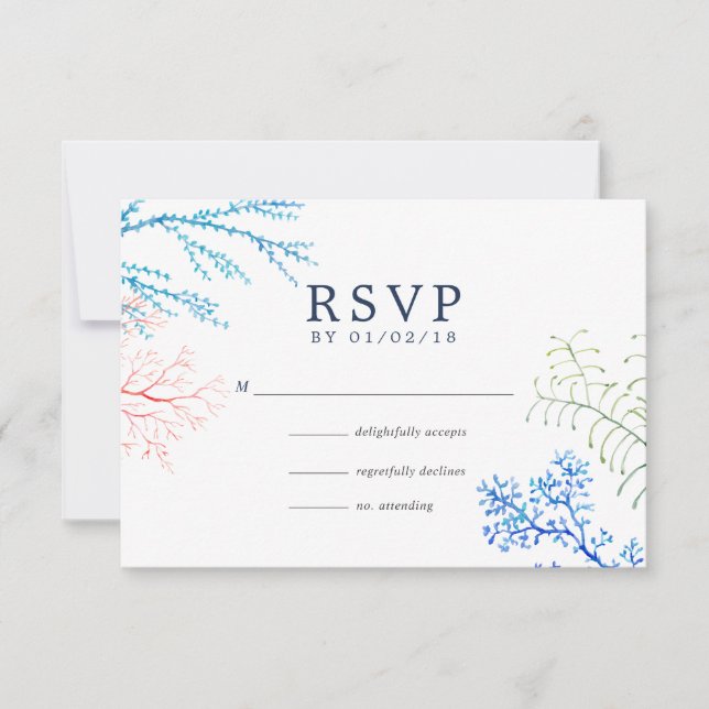 Watercolor Seaweed Beach Themed Wedding RSVP Card (Front)