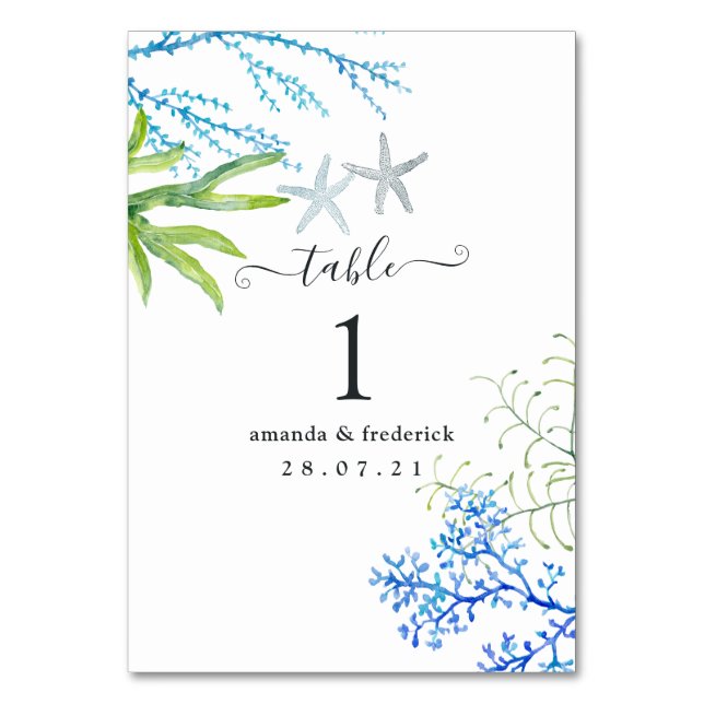Watercolor Seaweed Beach Themed Wedding Table Number (Front)