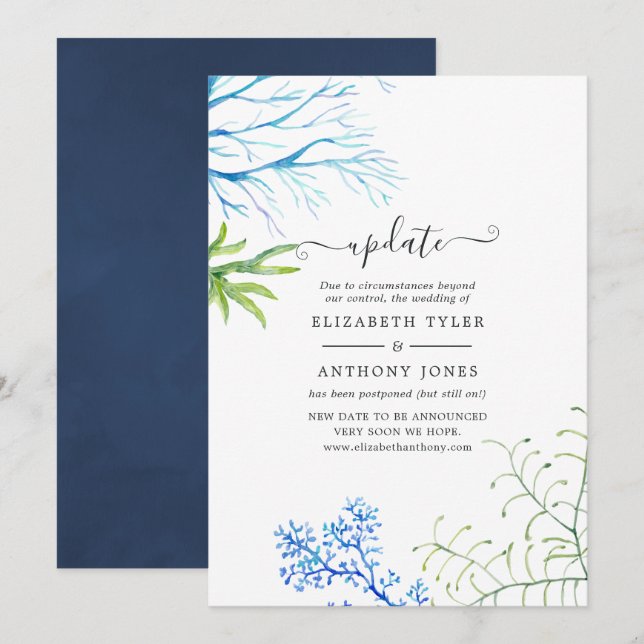 Watercolor Seaweed Beach Themed Wedding Update Invitation (Front/Back)