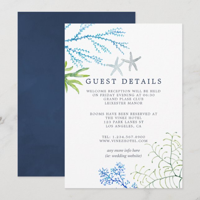 Watercolor Seaweed Beach Wedding Guest Details Invitation (Front/Back)