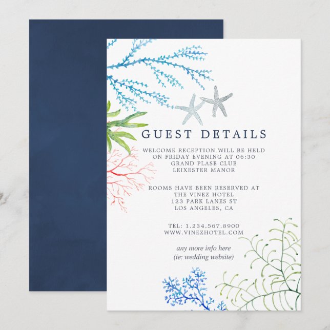 Watercolor Seaweed Beach Wedding Guest Details Invitation (Front/Back)
