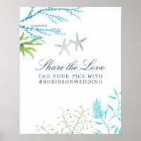 Watercolor Seaweed Beach Wedding Hashtag