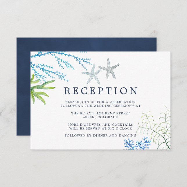 Watercolor Seaweed Beach Wedding Reception Invitation (Front/Back)