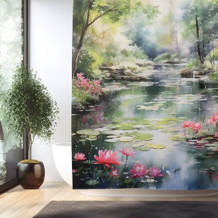 Watercolor Secret Garden Pond Shower Curtain