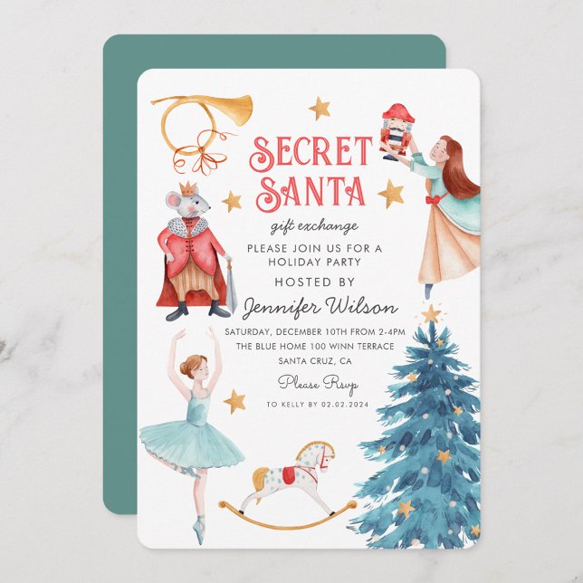 Watercolor Secret Santa Nutcracker Ballerina  Invitation (Creator Uploaded)